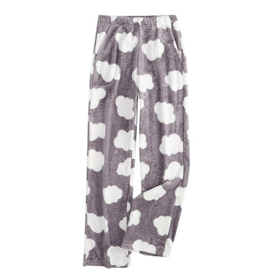 FAZVAOO Pajama Pants for Women Fuzzy Wide Leg Elastic Waistband Print Straight Pants With Side Pockets