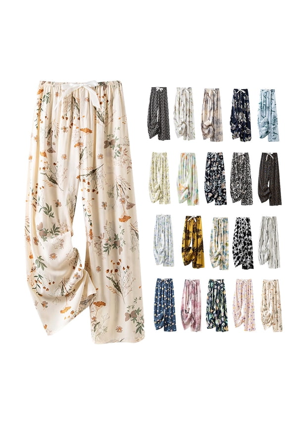 Pajama Pants for Women Wide Leg Lounge Pants Floral Print Pajama Bottoms Elastic Waistband Tie
