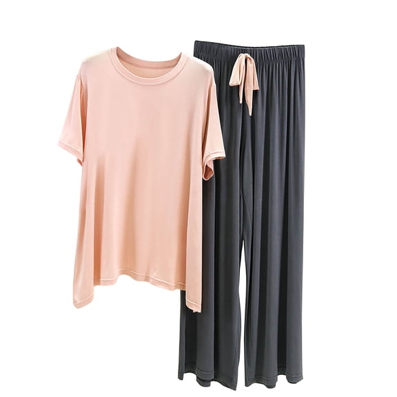 FAZVAOO Pajama Sets for Women 2 Piece Cotton Blend Crewneck Short Sleeve Top Long Pants Loungewear