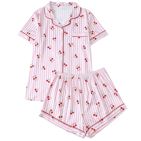 FAZVAOO Pajama Sets for Women 2 Piece Short Sleeve Lapel Tops Lightweight Shorts Cherries Lounge Set