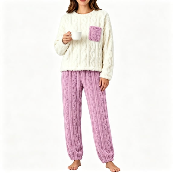 FAZVAOO Pajama Sets for Women,Flannel Crew Neck Long Sleeve Tops Straight Leg Pant Sleepwear Set Pink Free Size