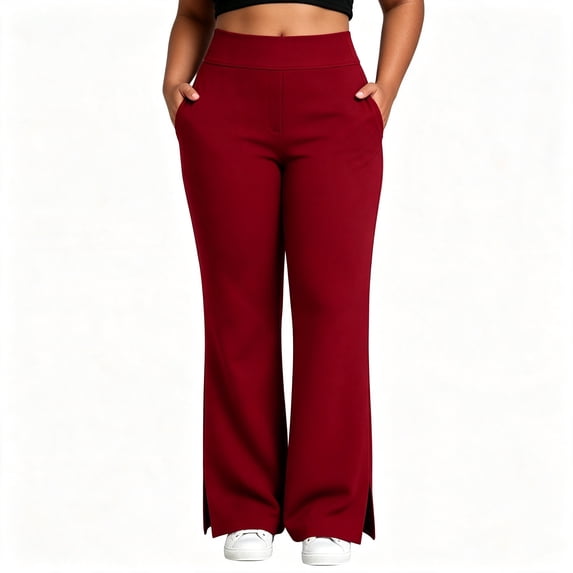 FAZVAOO Pants for Women,Plus Size High Waist Split Hem Stretch Yoga Pants with Pockets Wine 2XL