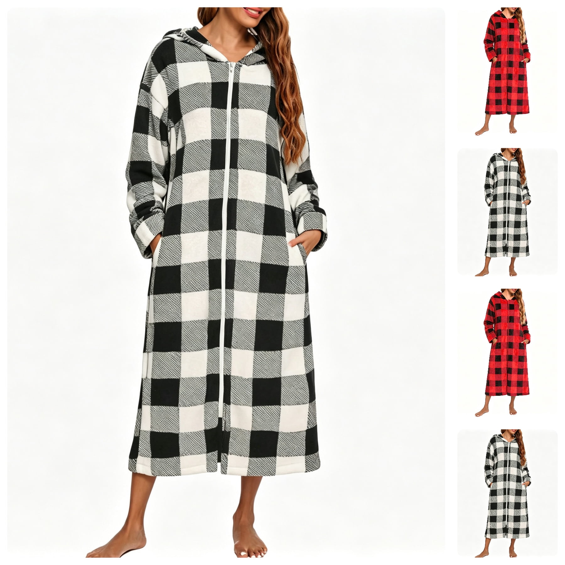 FAZVAOO Robes for Women Hooded Soft Full Length House Robe Zip Front ...