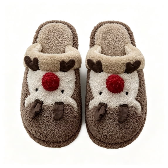 FAZVAOO Slippers for Women,Fuzzy Closed Toe Slip on Cartoon Reindeer Soft Warm Slippers Brown 6.5-7