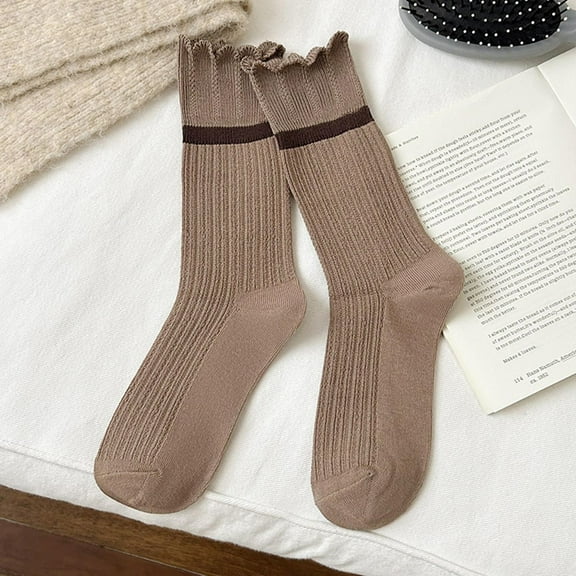 FAZVAOO Socks for Women Cotton Crew Long Comfortable Fashion Solid Ribbed Socks Brown