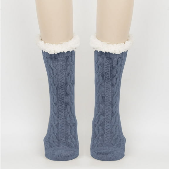 FAZVAOO Socks for Women Fuzzy Crew Unisex Non Slip Wool Knit Floor Socks Blue