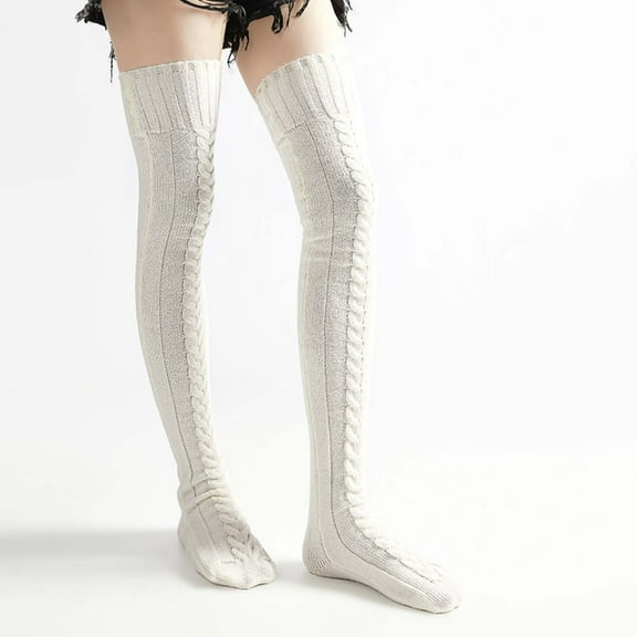 FAZVAOO Socks for Women Over The Knee Warm Knit Socks White