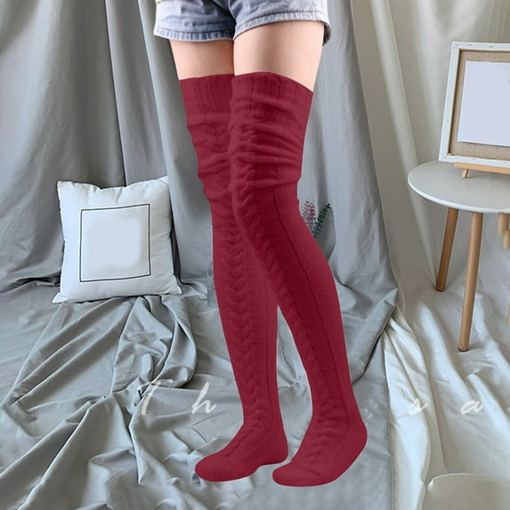 FAZVAOO Socks for Women Over The Knee Wool Thick Warm Socks Red