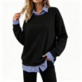 thumbnail image 1 of FAZVAOO Sweatshirts for Women,Crew Neck Striped Fake Two Piece Long Sleeve Sweatshirt Black L, 1 of 9