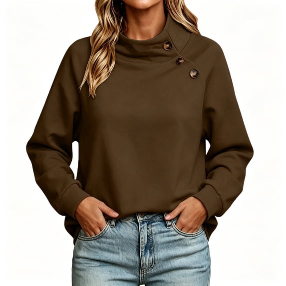 FAZVAOO Sweatshirts for Women,Mock Neck Drop Shoulder Fleece Lined Button Pullover Sweatshirt Coffee S