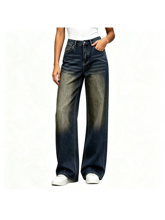Women Jeans,Denim High Waist Gradient Wide Leg Loose Jeans with Pocket Blue S