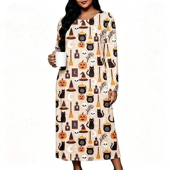 FAZVAOO Women Nightgowns,Plus Size Long Sleeve Soft Crew Neck Graphic Casual Homewear Khaki 3XL