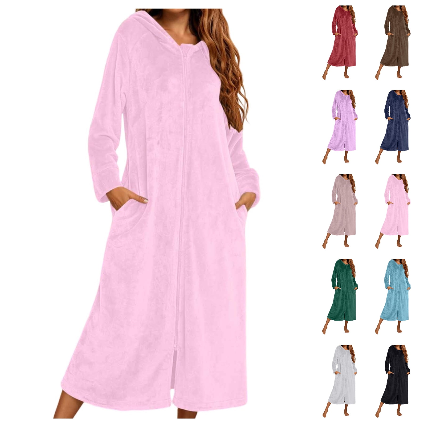 FAZVAOO Women Robe Hooded Soft Full Length House Robe Zip Front Long ...