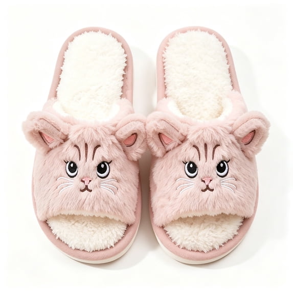 FAZVAOO Women Slippers,Cartoon Cat Fuzzy Open Toe Slip on Indoor Soft Warm House Slippers Pink 7.5-8.5