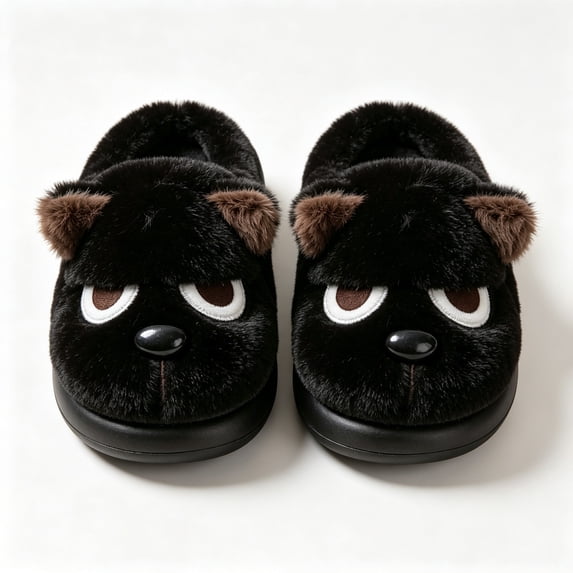 FAZVAOO Women Slippers,Cartoon Dog Fuzzy Closed Toe Slip on Soft Warm Cozy Slippers Black 7.5-8.5