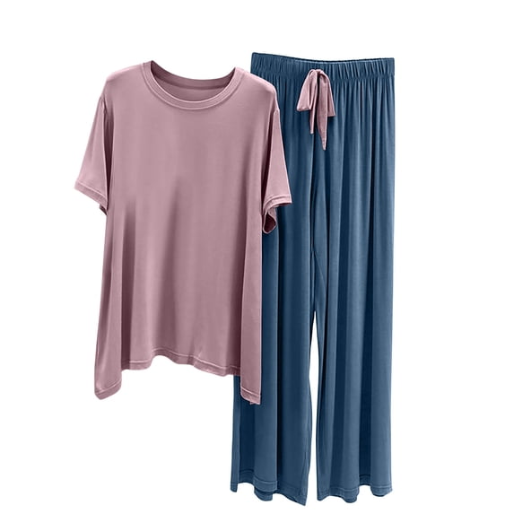 FAZVAOO Women's Pajamas 2 Piece Cotton Blend Crewneck Short Sleeve Top and Soft Pants Loungewear