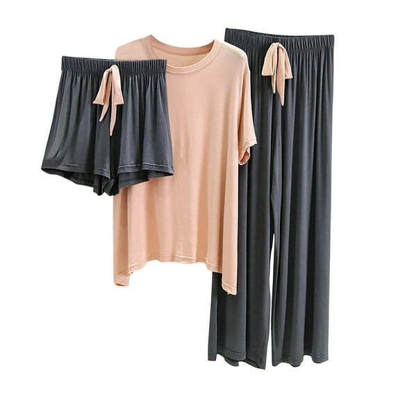 FAZVAOO Women's Pajamas 3 Piece Cotton Blend Crewneck Short Sleeve Shorts and Pants Soft Loungewear