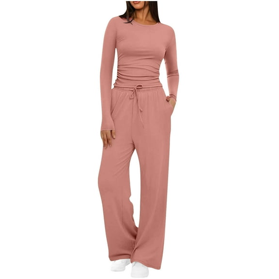 FAZVAOO Women's Pajamas Sets 2 Piece Long Sleeve Crewneck Top Soft Comfy Wide Leg Pants with Pockets