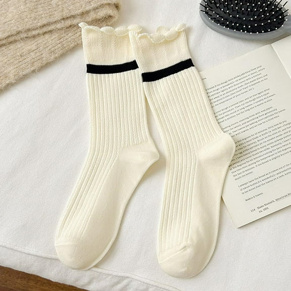 FAZVAOO Womens Crew Socks Cotton Long Comfortable Fashion Solid Ribbed Socks White