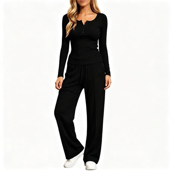 FAZVAOO Womens Lounge Sets,Henley Long Sleeve Slim Top Drawstring Wide Leg Pants Sets Black L