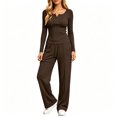 thumbnail image 1 of FAZVAOO Womens Lounge Sets,Henley Long Sleeve Slim Top Drawstring Wide Leg Pants Sets Brown M, 1 of 9