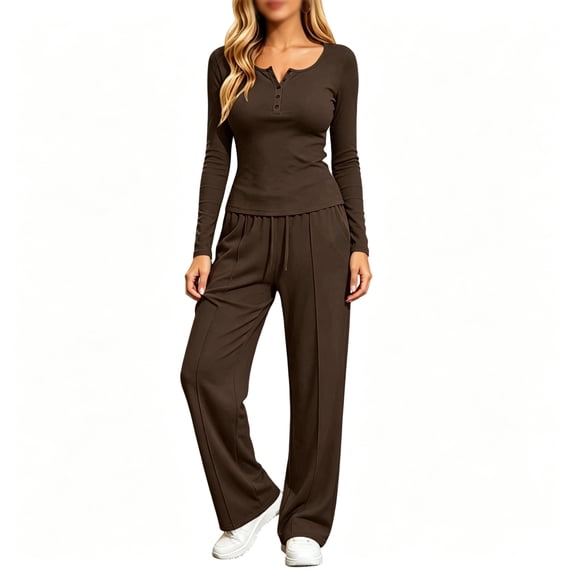 FAZVAOO Womens Lounge Sets,Henley Long Sleeve Slim Top Drawstring Wide Leg Pants Sets Brown M