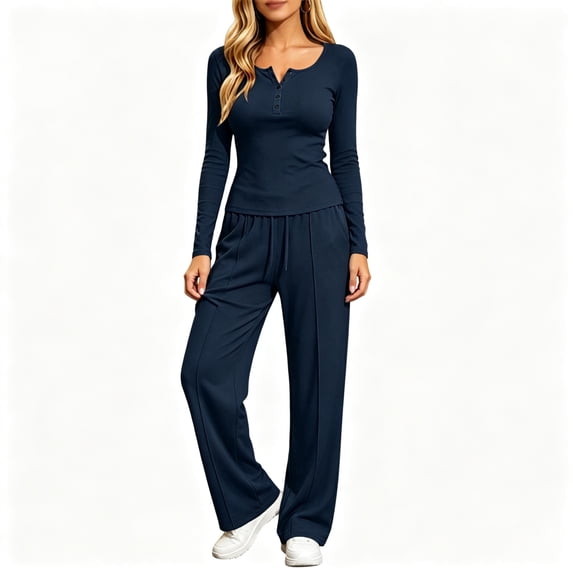 FAZVAOO Womens Lounge Sets,Henley Long Sleeve Slim Top Drawstring Wide Leg Pants Sets Navy S