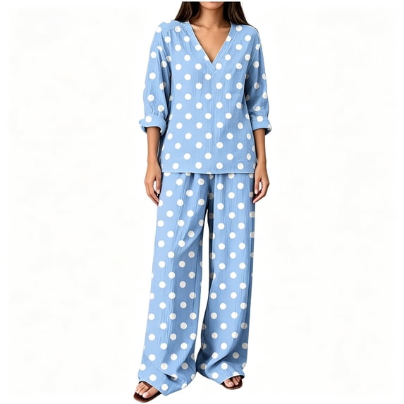 FAZVAOO Lounge Sets for Women ,Polka Dot V Neck Top Elastic Waist Wide Leg Pants with Pockets Sets Light Blue XL