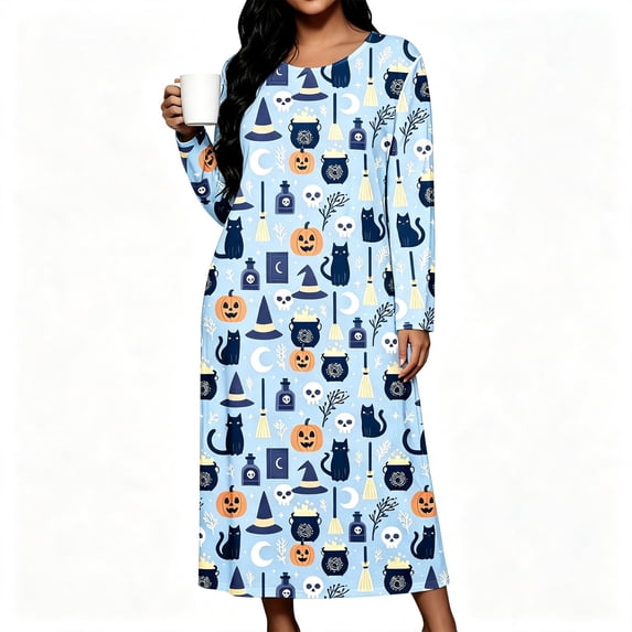 FAZVAOO Womens Nightgown,Plus Size Long Sleeve Soft Crew Neck Graphic Casual Homewear Blue 3XL