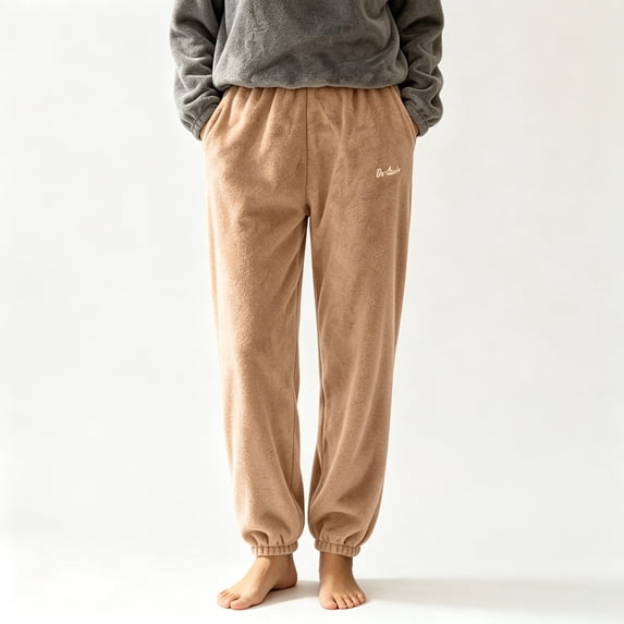 FAZVAOO Womens Pajama Pants,Fleece Elastic Waist Cuffed Embroidered Solid Sleep Pants Khaki Free Size