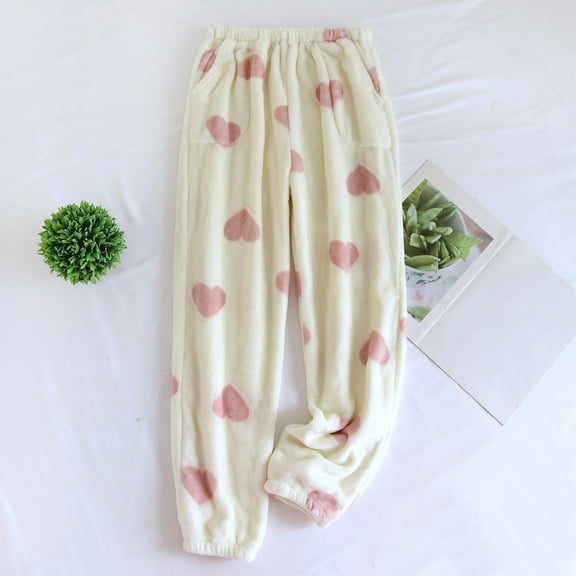 FAZVAOO Womens Pajama Pants Fuzzy Wide Leg Elastic Waistband Print Joggers Pants With Side Pockets