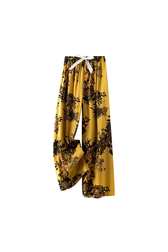 Womens Pajama Pants Wide Leg Lounge Pants Floral Print Pajama Bottoms Elastic Waistband Tie
