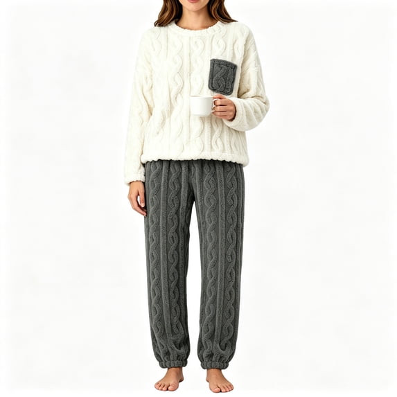FAZVAOO Womens Pajama Sets,Flannel Crew Neck Long Sleeve Tops Straight Leg Pant Sleepwear Set Gray Free Size