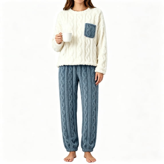 FAZVAOO Womens Pajama Sets,Flannel Crew Neck Long Sleeve Tops Straight Leg Pant Sleepwear Set Navy Free Size