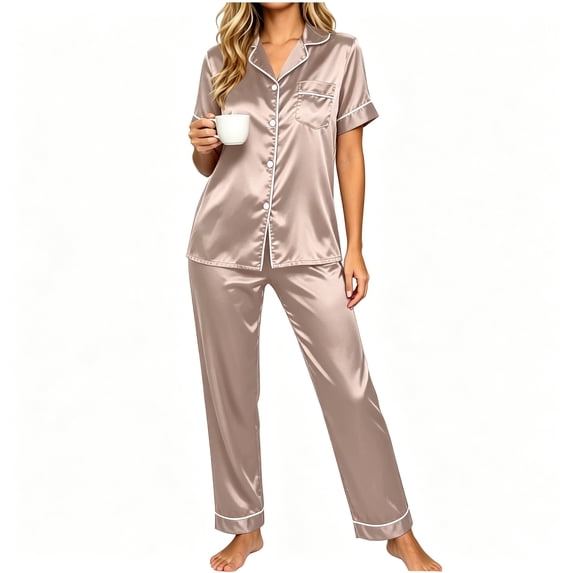 FAZVAOO Womens Pajama Sets,Satin Collared Short Sleeve Tops Straight Leg Pant Sleepwear Set Beige L