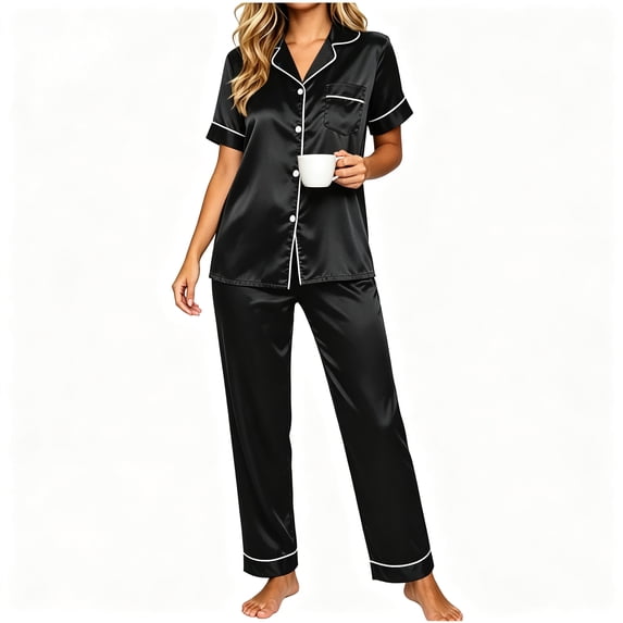 FAZVAOO Womens Pajama Sets,Satin Collared Short Sleeve Tops Straight Leg Pant Sleepwear Set Black 2XL