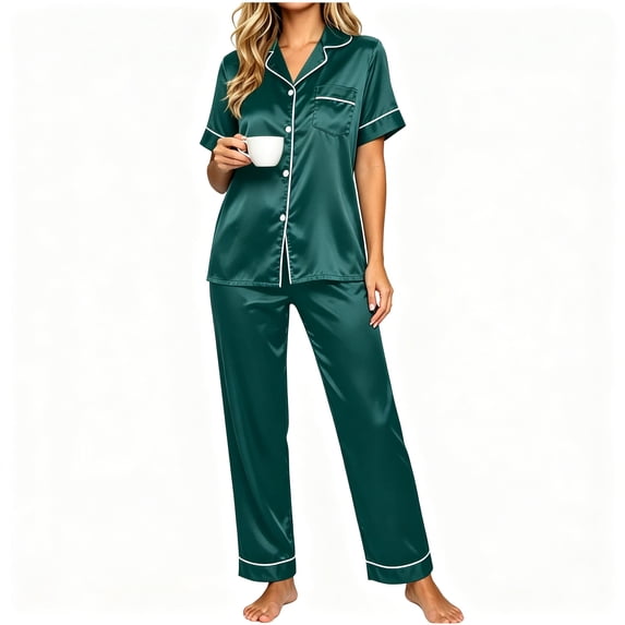 FAZVAOO Womens Pajama Sets,Satin Collared Short Sleeve Tops Straight Leg Pant Sleepwear Set Green 5XL