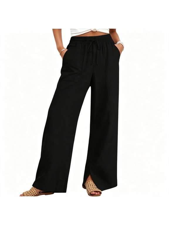 Womens Pants,Linen Drawstring Split Hem Wide Leg Casual Pants with Pockets Black L