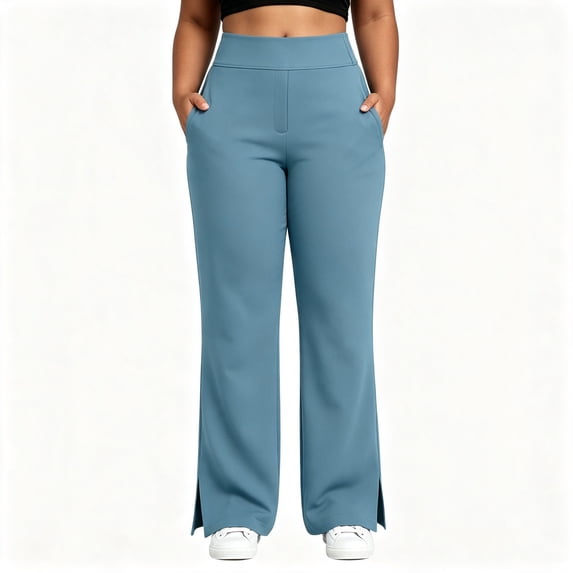 FAZVAOO Womens Pants,Plus Size High Waist Split Hem Stretch Yoga Pants with Pockets Blue XL