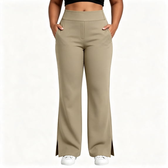 FAZVAOO Womens Pants,Plus Size High Waist Split Hem Stretch Yoga Pants with Pockets Khaki 3XL