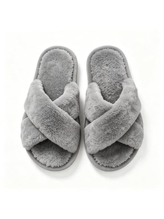 Womens Slippers,Crisscross Fuzzy Slip on Soft Warm Open Toe Cozy House Slippers Gray 5.5-6