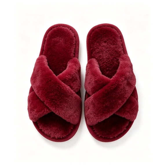 FAZVAOO Womens Slippers,Crisscross Fuzzy Slip on Soft Warm Open Toe Cozy House Slippers Wine 7.5-8.5