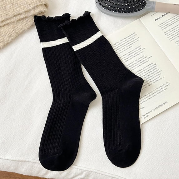 FAZVAOO Womens Socks Cotton Crew Long Comfortable Fashion Solid Ribbed Socks Black
