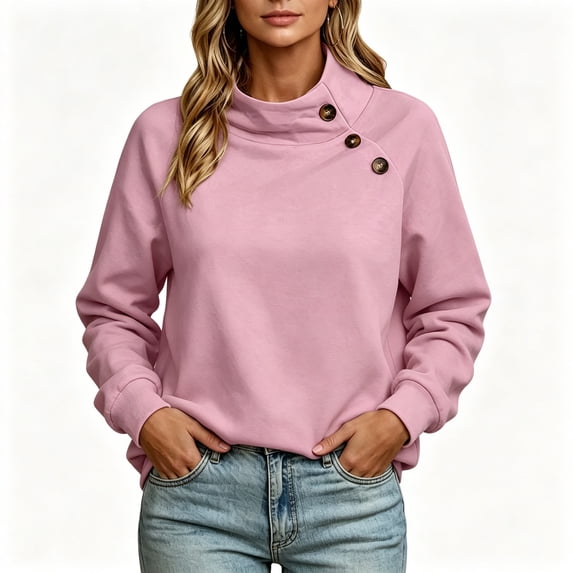 FAZVAOO Womens Tops,Mock Neck Drop Shoulder Fleece Lined Button Pullover Sweatshirt Pink 2XL