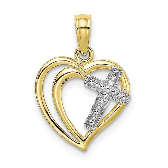 FB Jewels 10K Yellow Gold Double Heart with White Cross Inside Pendant