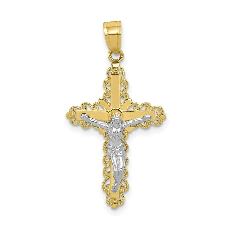 FB Jewels 10K Yellow Gold & Rhodium Filigree Crucifix Pendant