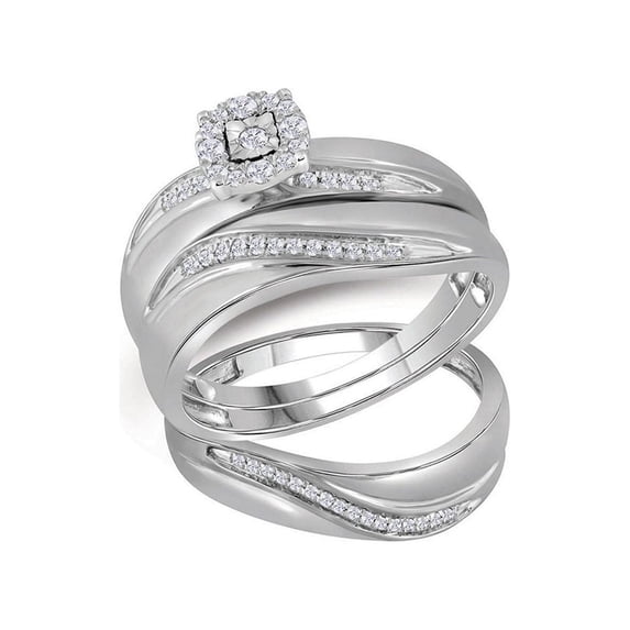 FB Jewels 10k White Gold Round Diamond Mens Womens Trio Matching Halo Wedding Bridal Ring Set 1/5 Cttw
