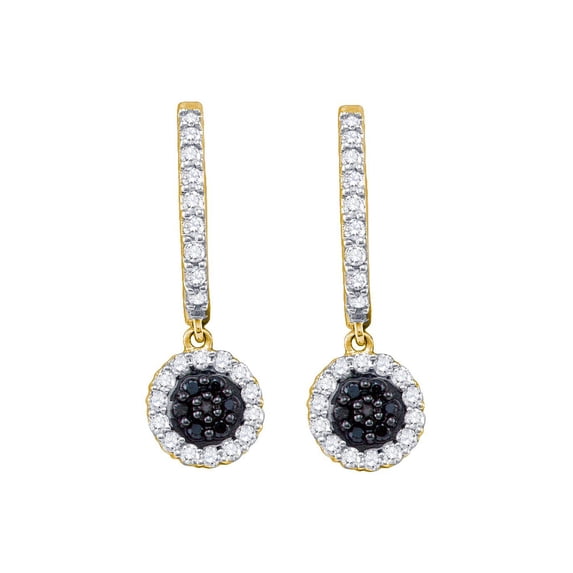 FB Jewels 10k Yellow Gold Black Color Enhanced Diamond Womens Hoop Flower Cluster Dangle Earrings 1/2 Cttw