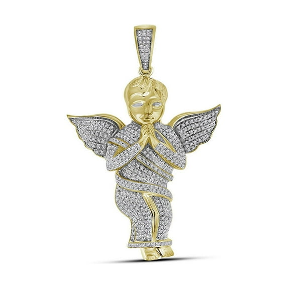 FB Jewels 10k Yellow Gold Diamond Mens 3D Polished Large Praying Guardian Angel Cherub Charm Pendant 1.00 Cttw