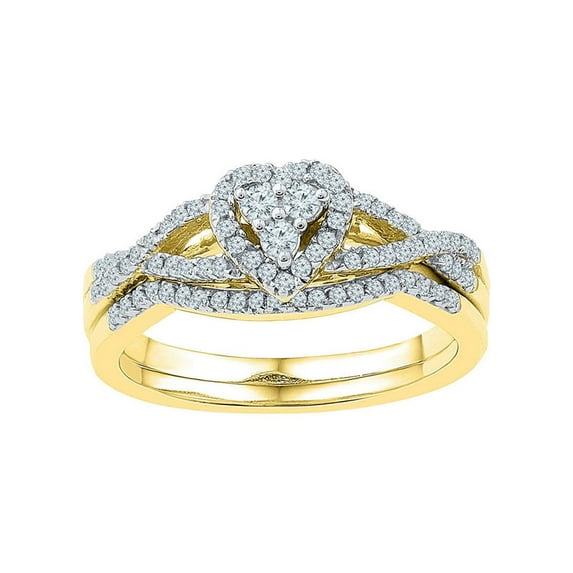 FB Jewels 10k Yellow Gold Round Diamond Heart Cluster Bridal Wedding Ring Band Set 3/8 Cttw Size 6.5